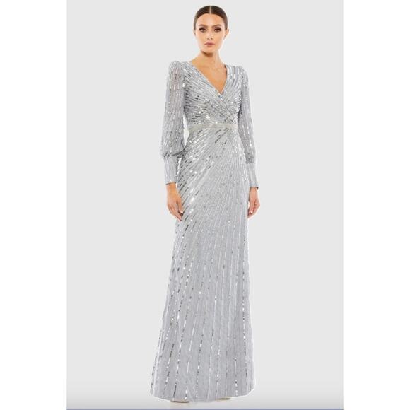 MAC DUGGAL Dress Size 8 Evening Gown Sequin NEW Silver Platinum Beaded Wrap Over - Picture 1 of 9